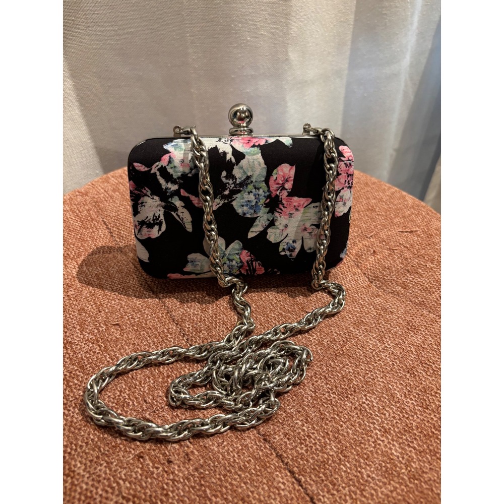 White House Black Market Floral Box Clutch Silver Chain Crossbody Evening Bag